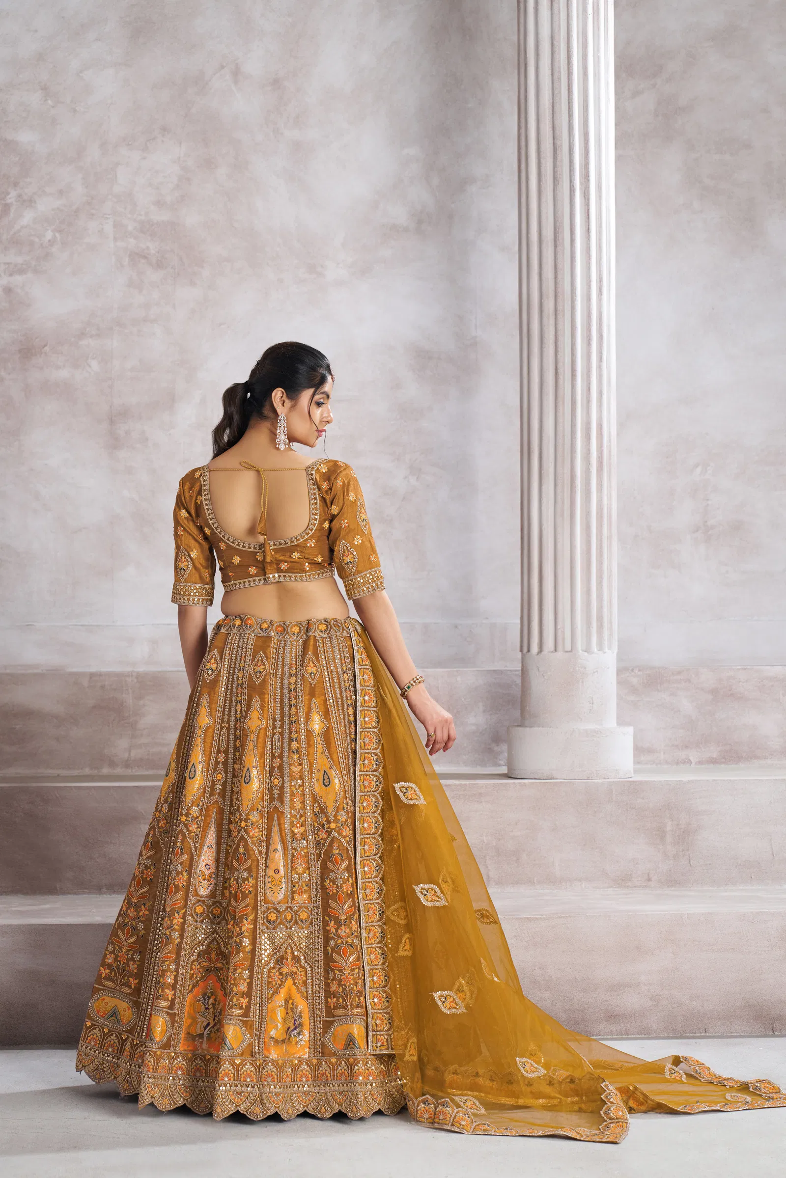 Kf 32 Mustard Banarasi Silk Patch Work Semi Bridal Lehenga Choli Wholesale Clothing Suppliers In India